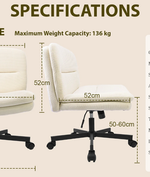 Armloze Ergonomische Bureaustoel met Stoffen Bekleding en Gekruiste Poten – In Hoogte Verstelbare Kaptafelstoel voor Thuis en Werk