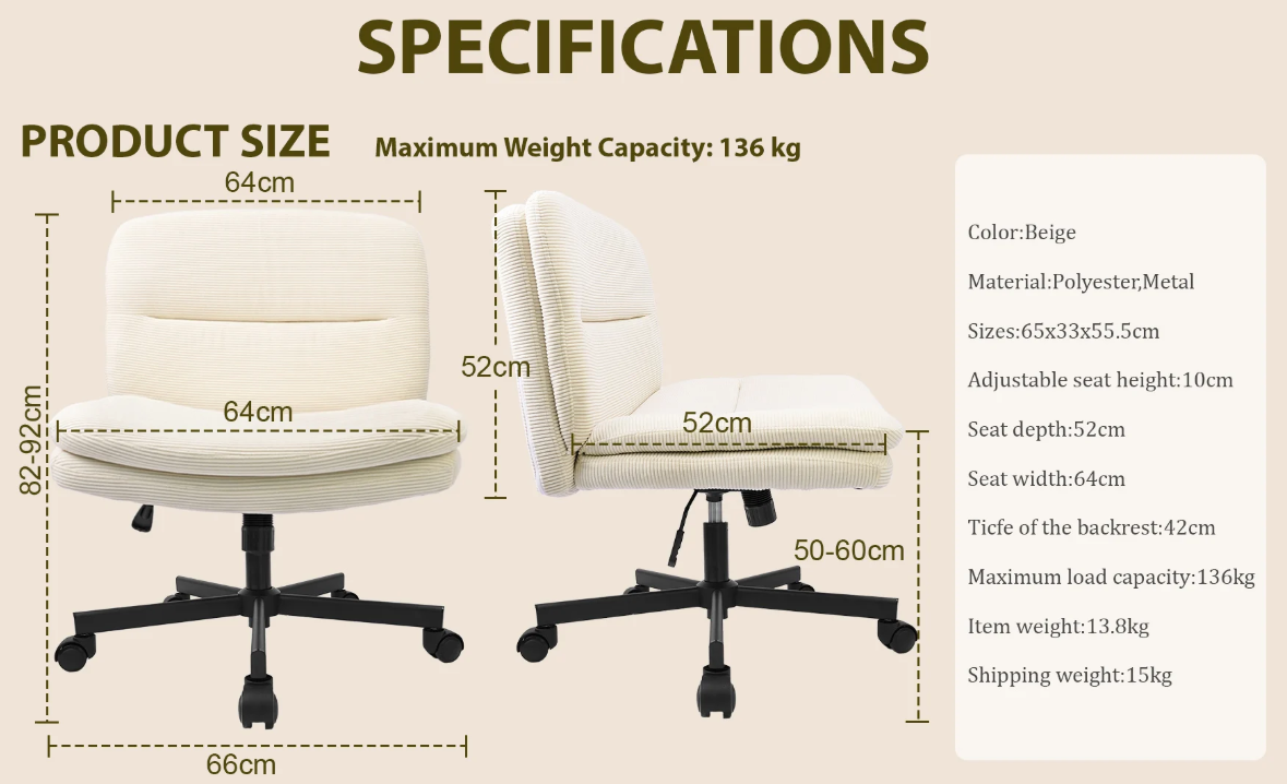 Armloze Ergonomische Bureaustoel met Stoffen Bekleding en Gekruiste Poten – In Hoogte Verstelbare Kaptafelstoel voor Thuis en Werk