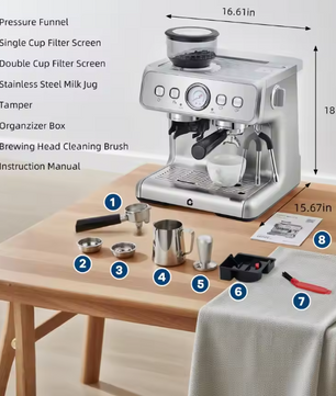 RVS Espresso Machine 20 Bar met Bonenmaler en Melkopschuimer – Halfautomatische Koffiemachine