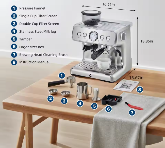 RVS Espresso Machine 20 Bar met Bonenmaler en Melkopschuimer – Halfautomatische Koffiemachine