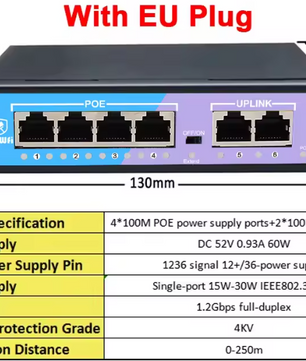 4-Poort PoE Switch 100Mbps met 2 Uplink – 48V Ethernet Netwerkswitch met Extend Mode 250m