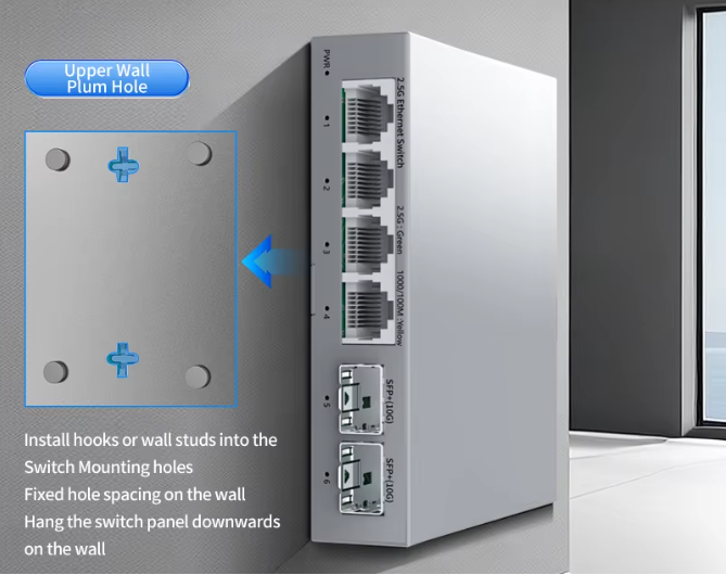 2.5G Netwerkswitch met 4× 2.5G RJ45 en 2× 10G SFP+ – Fanless Unmanaged Plug en Play