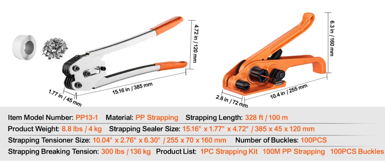 Pallet Omsnoeringsset met Spanner en Klem – Inclusief 100 m PP Band en 100 Metalen Sluitingen