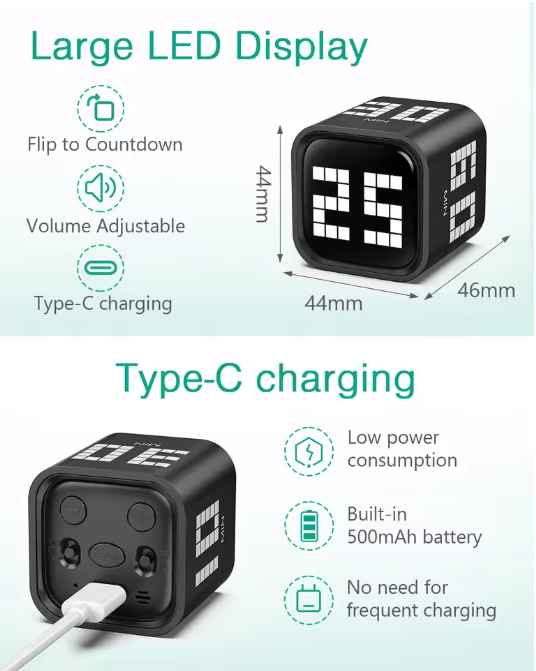 Flip Motion Digitale Timer – Oplaadbare Countdown Timer met Geluid, Trilstand en Stil Alarm