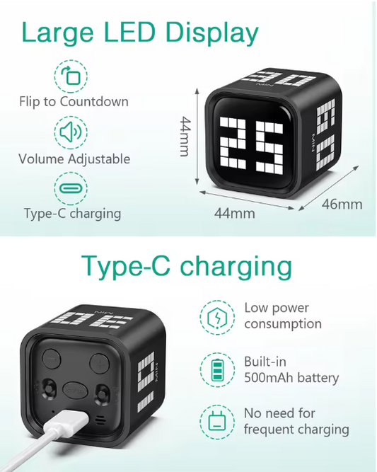 Flip Motion Digitale Timer – Oplaadbare Countdown Timer met Geluid, Trilstand en Stil Alarm