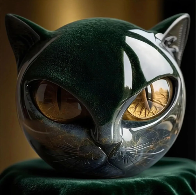 Decoratief Zwart Kattenbeeldje van Hars – Marmeren Textuur Kattenhoofd Ornament voor Bureau en Woondecoratie
