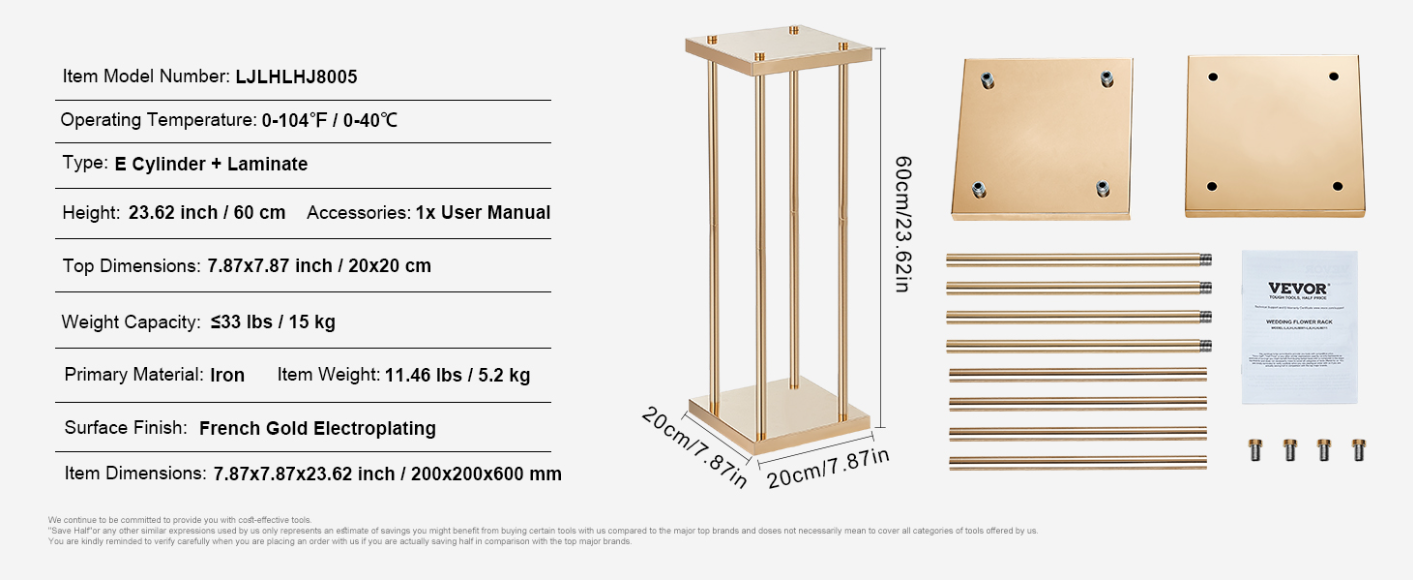 Gouden Metalen Bloemenkolom – Geometrische Bruiloft Centerpiece Standaard voor Bloemstukken