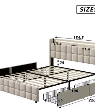 Gestoffeerd Tweepersoonsbed met LED, USB en 4 Lades – Opbergbed 140/160/180 × 200 cm