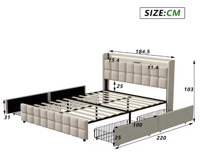 Gestoffeerd Tweepersoonsbed met LED, USB en 4 Lades – Opbergbed 140/160/180 × 200 cm