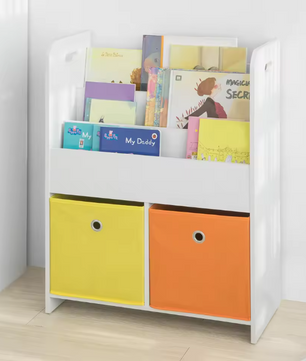 Kinderboekenkast met 3 Opbergvakken en 2 Stoffen Opbergboxen – Boeken- en Speelgoedrek