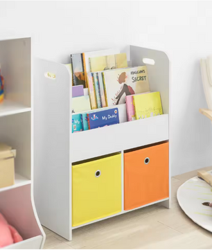 Kinderboekenkast met 3 Opbergvakken en 2 Stoffen Opbergboxen – Boeken- en Speelgoedrek