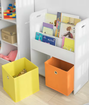 Kinderboekenkast met 3 Opbergvakken en 2 Stoffen Opbergboxen – Boeken- en Speelgoedrek