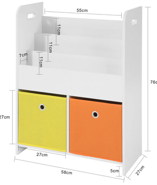 Kinderboekenkast met 3 Opbergvakken en 2 Stoffen Opbergboxen – Boeken- en Speelgoedrek