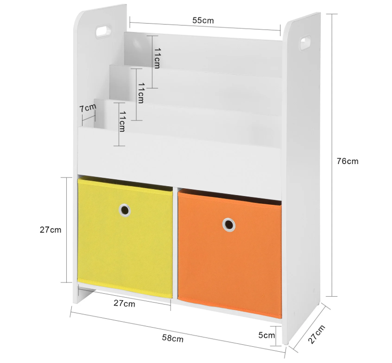 Kinderboekenkast met 3 Opbergvakken en 2 Stoffen Opbergboxen – Boeken- en Speelgoedrek