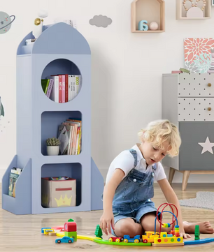 Raketvormige Kinderboekenplank – 3-Laags Open Boekenkast met Zijplanken, Speelgoed- en Boekenopslag voor Peuters
