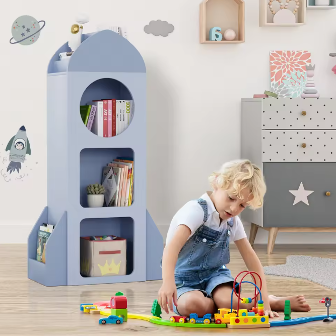 Raketvormige Kinderboekenplank – 3-Laags Open Boekenkast met Zijplanken, Speelgoed- en Boekenopslag voor Peuters