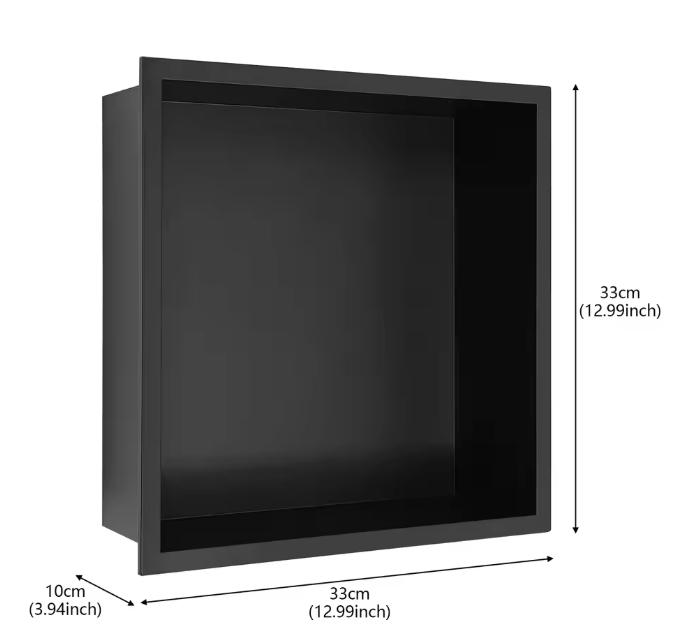 Zwarte Verzonken Doucheplank van RVS – Inbouw Badkamer Opbergplank 33 × 33 cm