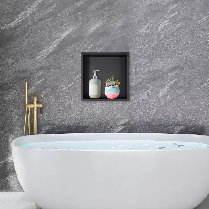 Zwarte Verzonken Doucheplank van RVS – Inbouw Badkamer Opbergplank 33 × 33 cm