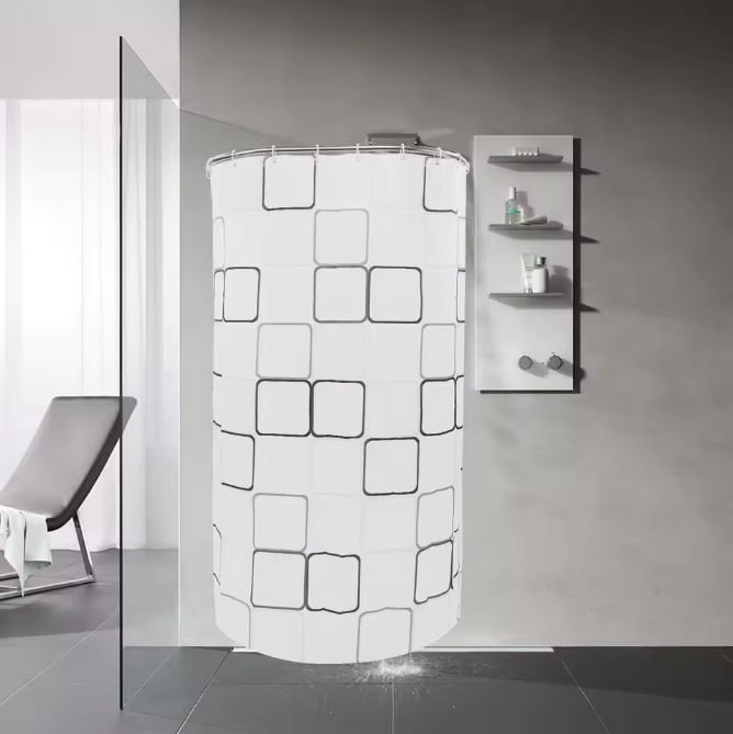 Geometrisch Gestreept Douchegordijn met U-Vormige Stang – Waterdicht en Compleet