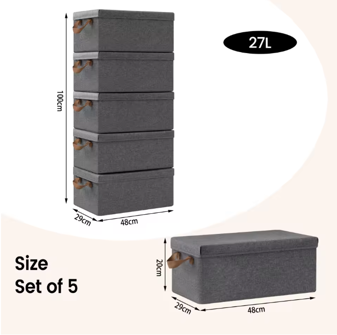 Opvouwbare Stoffen Opbergdozen met Deksel en Handvatten – Set van 3 of 5 Stuks