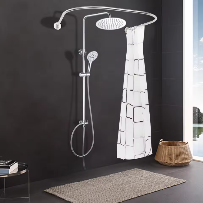 Geometrisch Gestreept Douchegordijn met U-Vormige Stang – Waterdicht en Compleet