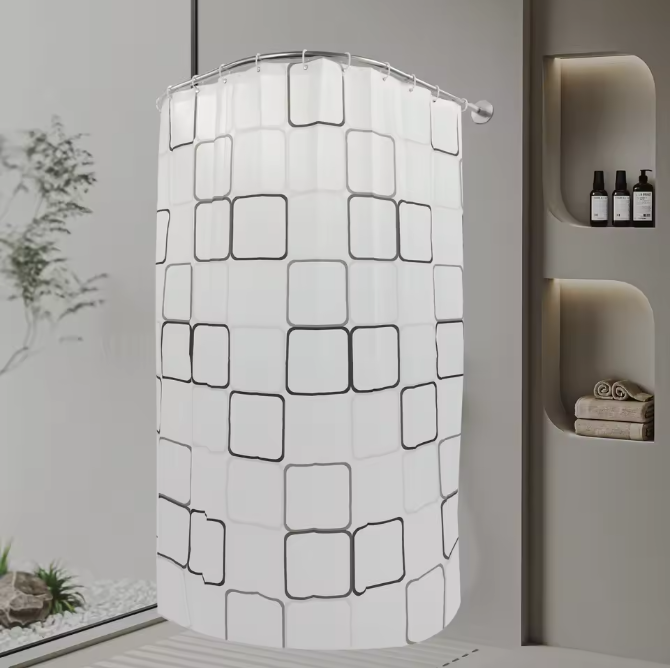 Geometrisch Gestreept Douchegordijn met U-Vormige Stang – Waterdicht en Compleet