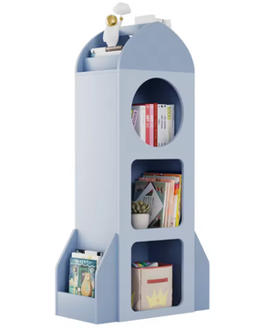 Raketvormige Kinderboekenplank – 3-Laags Open Boekenkast met Zijplanken, Speelgoed- en Boekenopslag voor Peuters