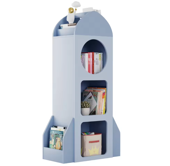 Raketvormige Kinderboekenplank – 3-Laags Open Boekenkast met Zijplanken, Speelgoed- en Boekenopslag voor Peuters