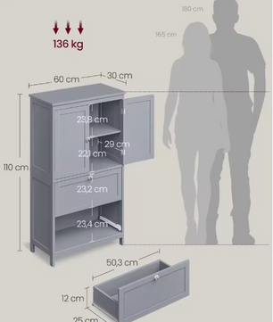 Badkamerkast met 2 Deuren en 2 Lades – Verstelbare Plank, Slank en Modern Ontwerp