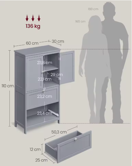 Badkamerkast met 2 Deuren en 2 Lades – Verstelbare Plank, Slank en Modern Ontwerp