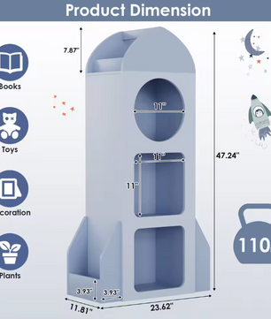 Raketvormige Kinderboekenplank – 3-Laags Open Boekenkast met Zijplanken, Speelgoed- en Boekenopslag voor Peuters
