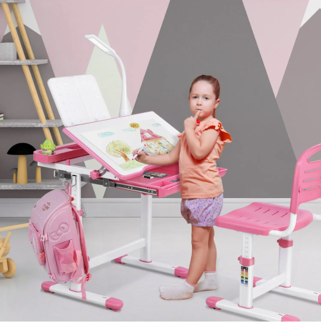 Kinderbureau met Verstelbare Stoel, Lade en LED-Bureaulamp – Ergonomische Studietafel