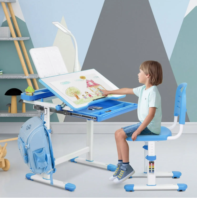 Kinderbureau met Verstelbare Stoel, Lade en LED-Bureaulamp – Ergonomische Studietafel