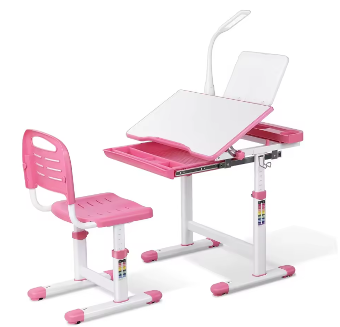 Kinderbureau met Verstelbare Stoel, Lade en LED-Bureaulamp – Ergonomische Studietafel