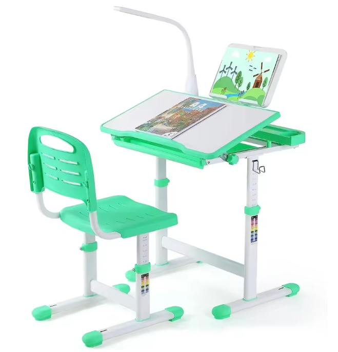 Kinderbureau met Verstelbare Stoel, Lade en LED-Bureaulamp – Ergonomische Studietafel