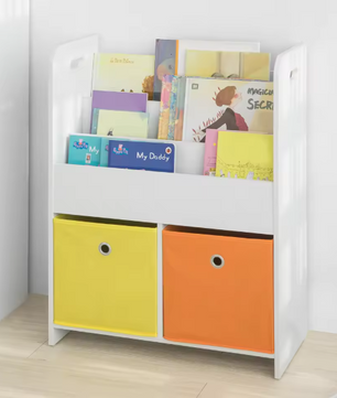 Kinderboekenkast met 3 Opbergvakken en 2 Stoffen Opbergdozen – Praktisch Opbergrek voor Kinderen