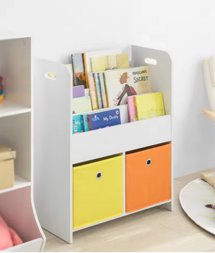 Kinderboekenkast met 3 Opbergvakken en 2 Stoffen Opbergdozen – Praktisch Opbergrek voor Kinderen