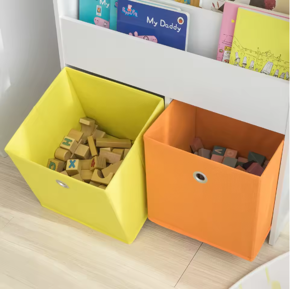 Kinderboekenkast met 3 Opbergvakken en 2 Stoffen Opbergdozen – Praktisch Opbergrek voor Kinderen
