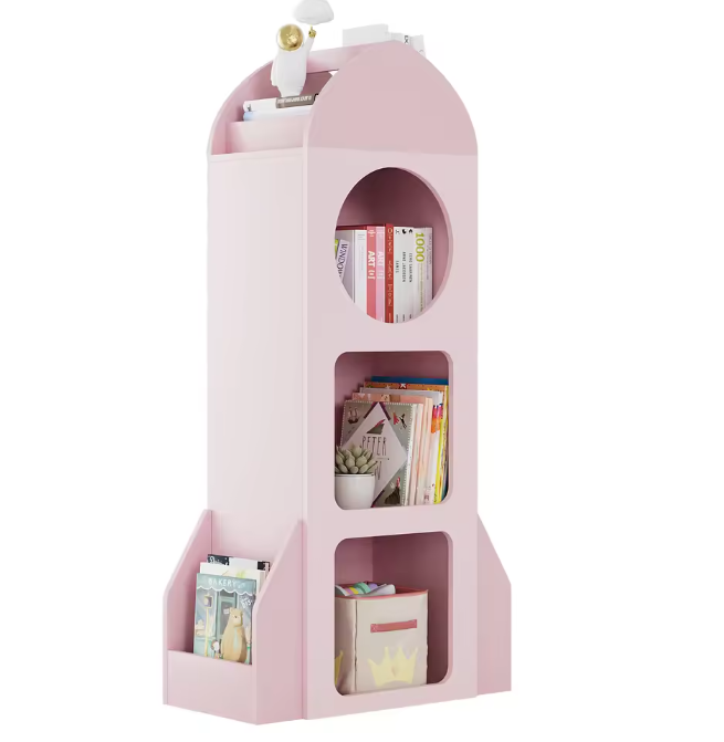 Raketvormige Kinderboekenplank – 3-Laags Open Boekenkast met Zijplanken, Speelgoed- en Boekenopslag voor Peuters