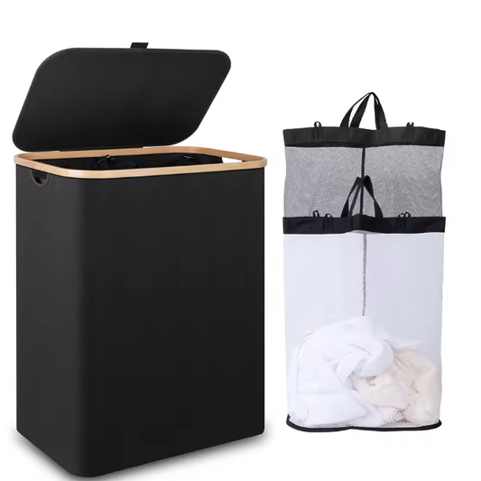 Grote Wasmand met Deksel en Bamboe Handgrepen – 110L / 150L