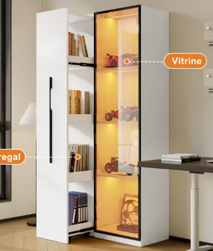 Uitschuifbare Boekenkast met LED Vitrine en Glazen Deur – 2-in-1 Opbergkast
