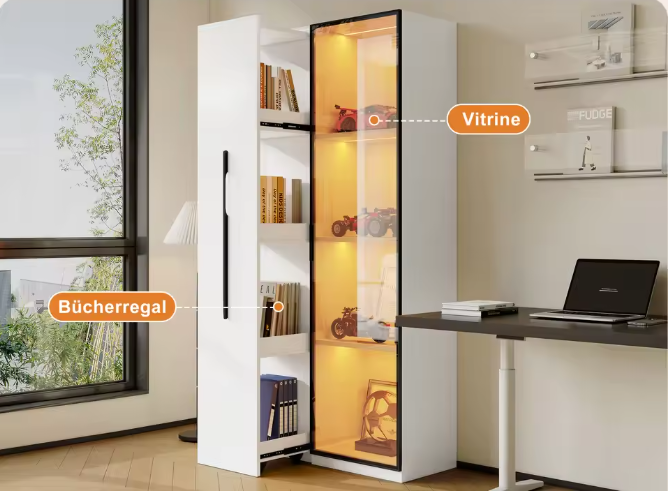 Uitschuifbare Boekenkast met LED Vitrine en Glazen Deur – 2-in-1 Opbergkast