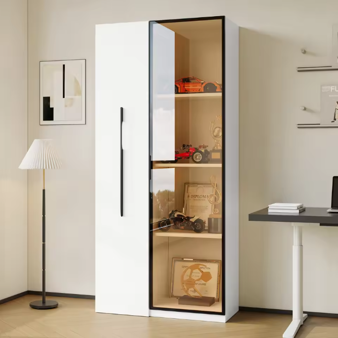 Uitschuifbare Boekenkast met LED Vitrine en Glazen Deur – 2-in-1 Opbergkast
