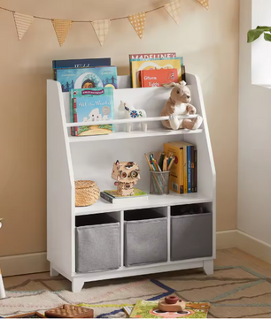 Kinderboekenkast met Opbergvakken en 3 Opbergmanden – Praktische Opbergplank voor Kinderen
