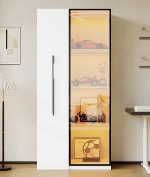 Uitschuifbare Boekenkast met LED Vitrine en Glazen Deur – 2-in-1 Opbergkast
