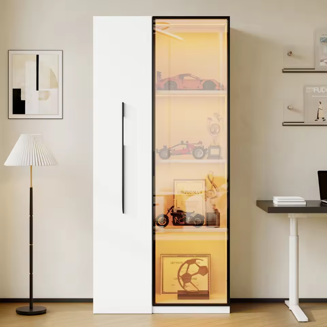 Uitschuifbare Boekenkast met LED Vitrine en Glazen Deur – 2-in-1 Opbergkast