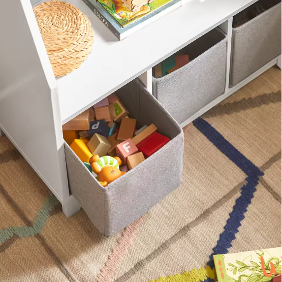 Kinderboekenkast met Opbergvakken en 3 Opbergmanden – Praktische Opbergplank voor Kinderen
