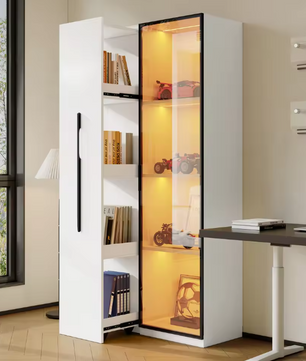 Uitschuifbare Boekenkast met LED Vitrine en Glazen Deur – 2-in-1 Opbergkast
