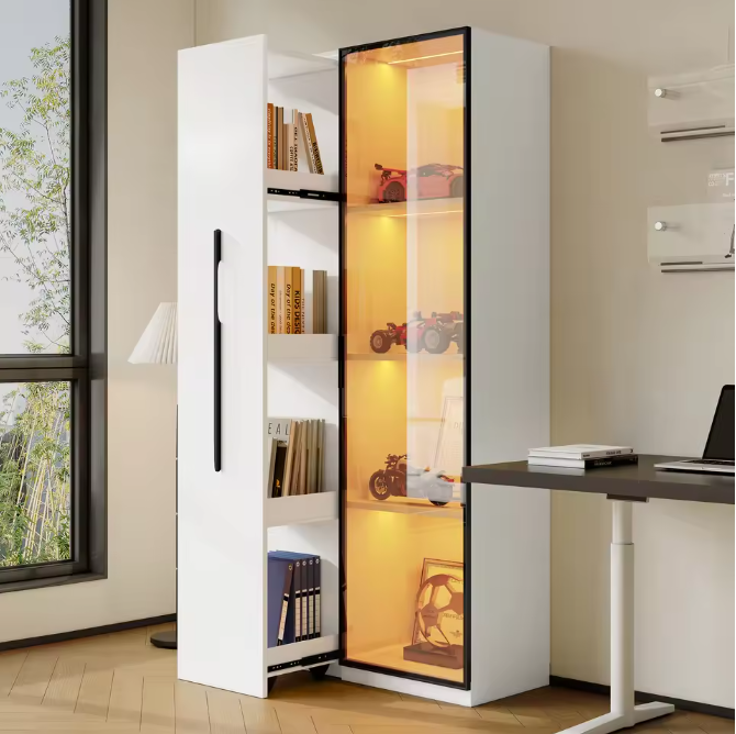Uitschuifbare Boekenkast met LED Vitrine en Glazen Deur – 2-in-1 Opbergkast