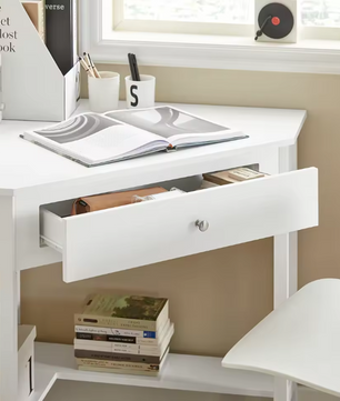 Witte Hoektafel met Lade en Plank – Compact Bureau voor Thuis en Kantoor